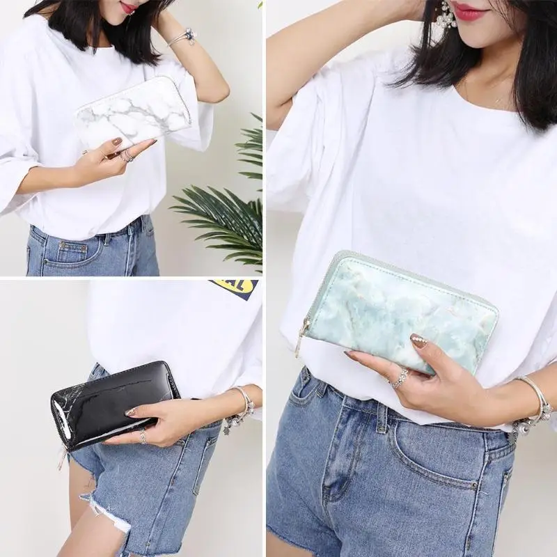 Creative Casual Women Lady Marble Patent Leather Long Clutch Girls Zipper Card Coin Holder Wallets Purses leather bag black