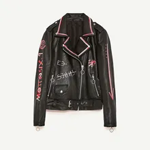 Женская Черная нарисованная кожаная байкерская куртка с надписями и принтом граффити, воротник с лацканами, пальто из искусственной кожи с ремнем на молнии, куртки с длинными рукавами в стиле панк