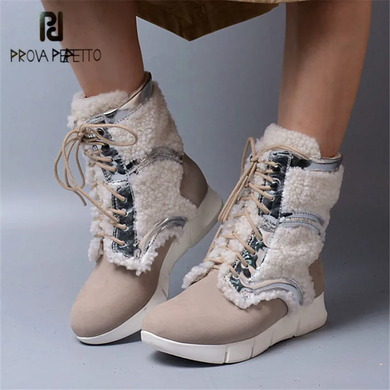 

Prova Perfetto New 2017 Winter Women Genuine Leather Fur Boots Female Rubber Wedge Boot Comfortable Lace Up Warm Snow Boots