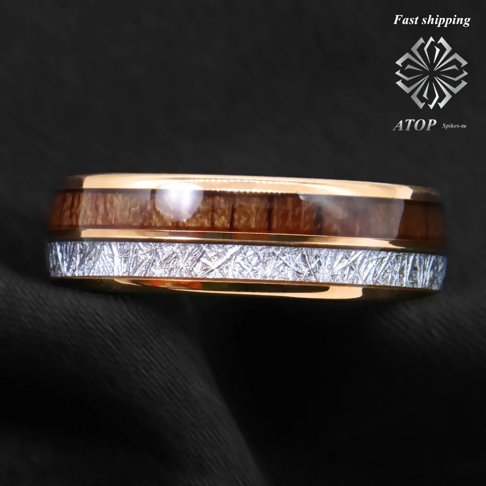 8/6mm Rose Gold Dome Tungsten Ring Silver Koa Wood Inlay Bridal ATOP Men Jewelry 8/6mm Rose Gold Dome Tungsten Ring Silver Koa Wood Inlay Bridal ATOP Men Jewelry