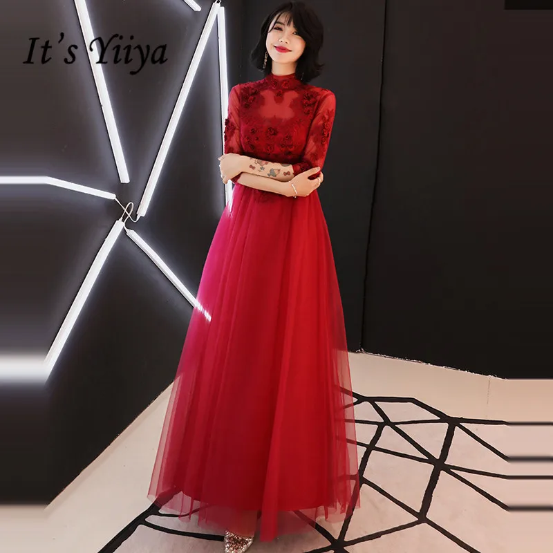 

It's YiiYa Evening Dress 2019 Appliques Embroidery Wine Red Floor-length Evening Gowns Party Dresses LX1347 robe de soiree