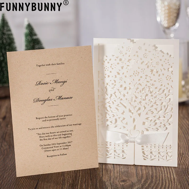 

FUNNYBUNNY Ivory Tree Wedding Favor Invitation Card Ribbon Envelope Personalized
