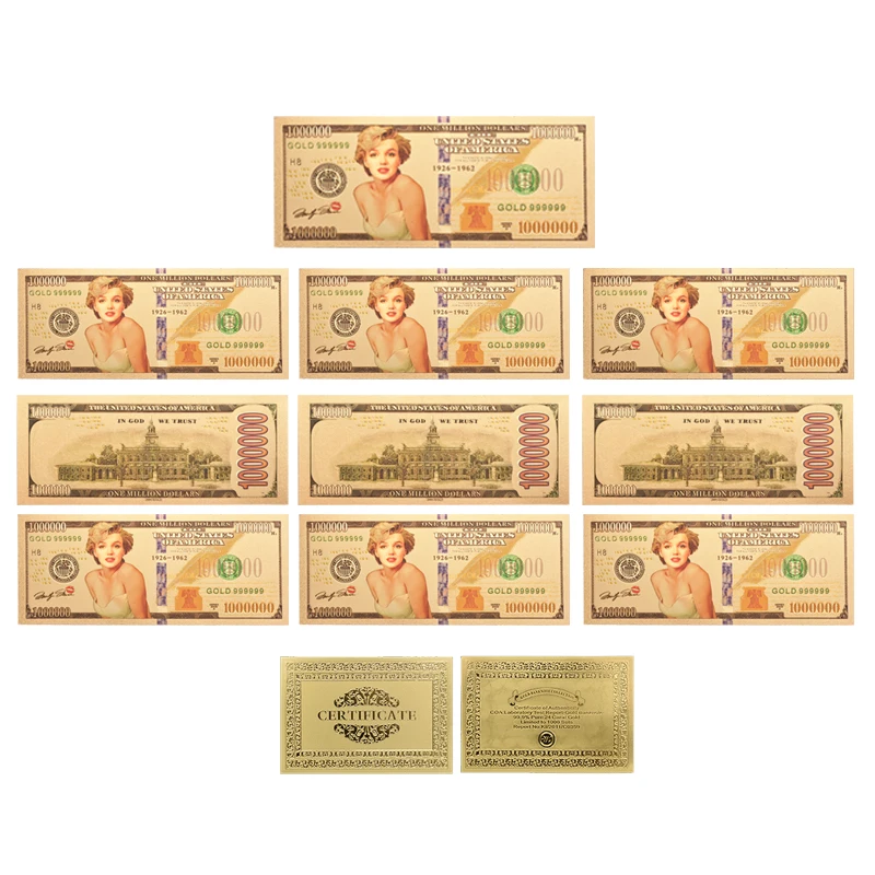 

10 PCS High Quality Golden Banknote 999.9 24k Gold Foil Banknote Marilyn Monroe one million Gold Banknote for gift collection