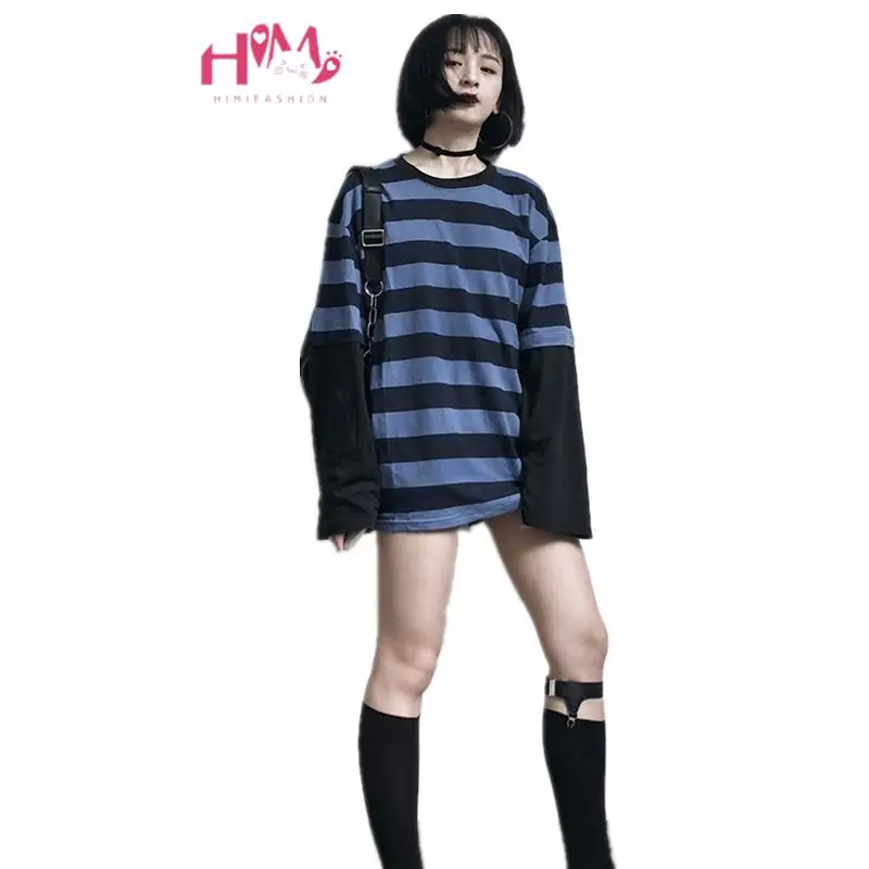 

Harajuku Casual Women Blue T Shirts Korean Clothes Ulzzang Loose Tee Shirt Kpop Oversize Striped Couple Tops Hip Pop Clothes