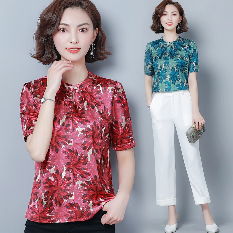 Korean Fashion Silk Women Blouses Satin O-Neck Pink Women Shirts Plus Size XXXL/4XL Blusas Femininas Elegante Ladies Tops - 33030620766