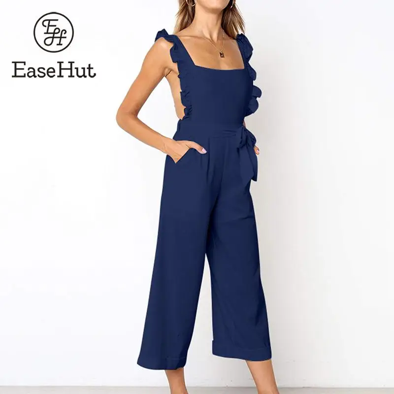 

EaseHut Women Vintage Solid Jumpsuit Backless Sleeveless Playsuit Pocket Ruffles Bowknot Wide Leg Pants Jumpsuit Overalls femme