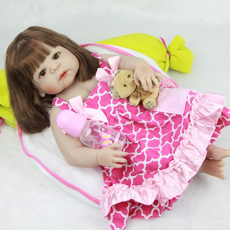 

Lovely 23'' Reborn Baby Dolls Wholesale Realistic Lifelike Full Body Silicone Vinyl Babies Doll Truly Newborn wear Pink Dress