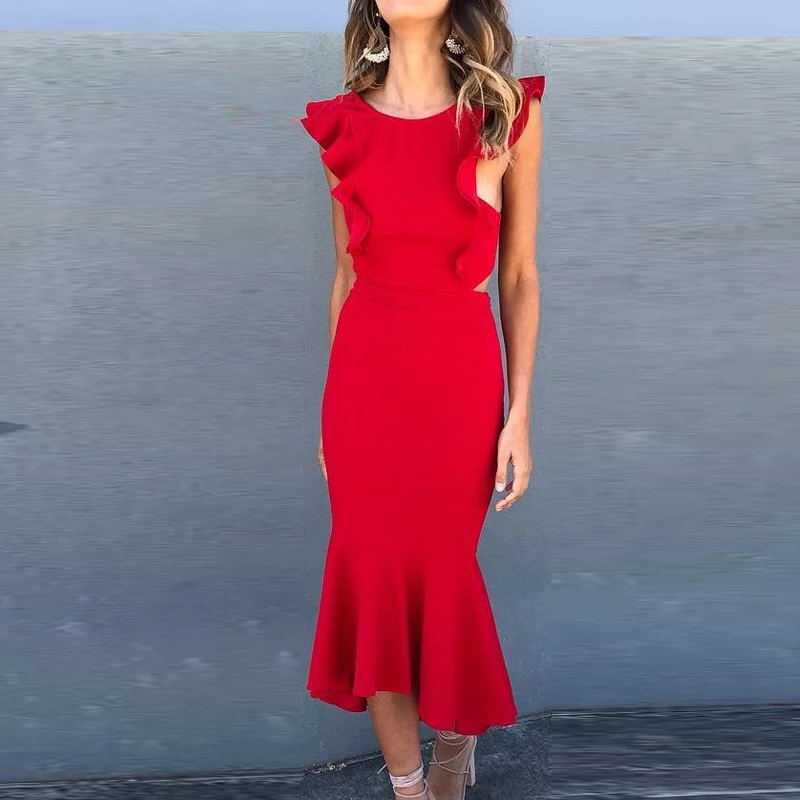 Sexy Women's Strappy Backless Dresses Female Sleeveless Ruffles Dress Fashion Vestidos Frill Hem Mid-Calf Long Mermaid Dress