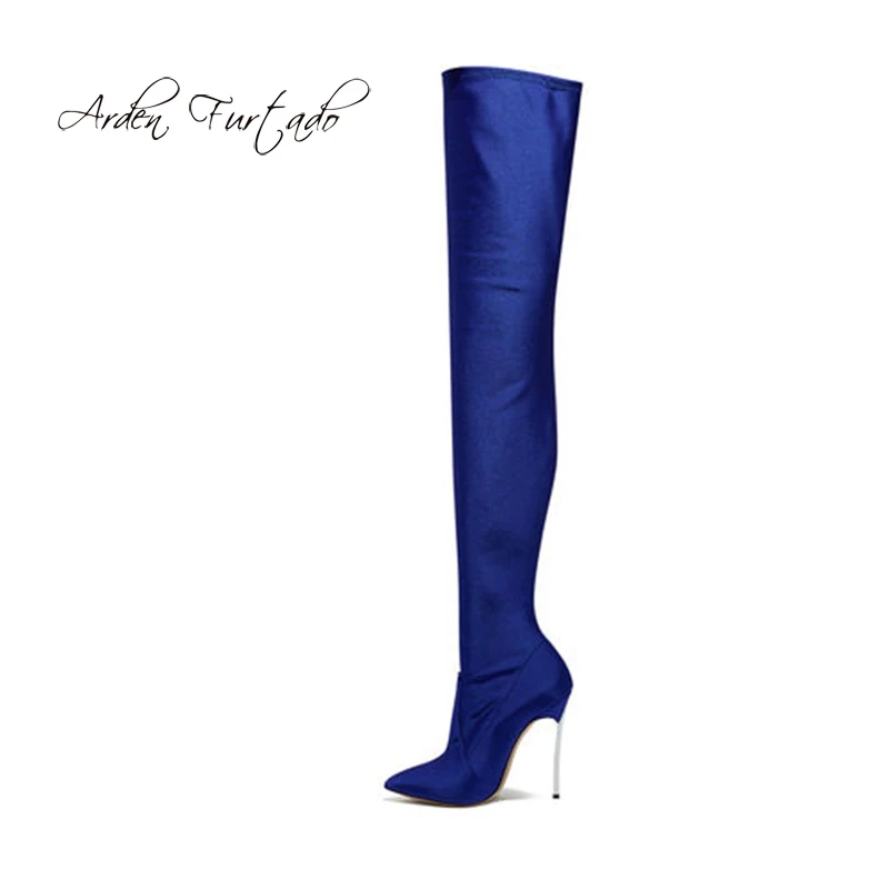 

Arden Furtado Fashion Women's Shoes Winter Pointed Toe Stilettos Heels Sexy Elegant Slip-on blue Ladies royalblue Boots 44 45