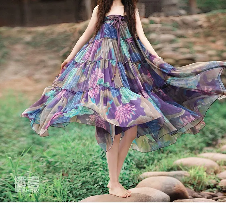 [LYNETTE'S chinoisero-boshow] Летняя женская сказочная фиолетовая шифоновая Макси-юбка оригинального дизайна