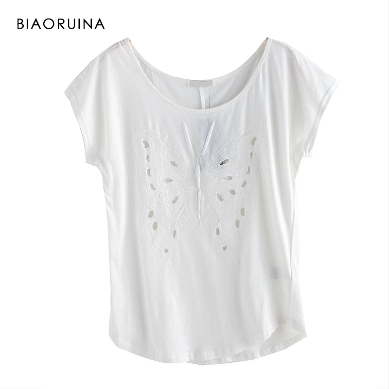 

BIAORUINA Women's Korean Style Solid Butterfly Hallow Out Embroidery T-shirt Short Sleeve Female O-neck Casual Summer Tees Tops