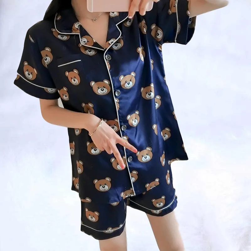 

2019 Summer Short Sleeve Silk Pajamas Set Two Pieces Set Women Sleepwear Sexy Nightwear for Women Sleeping set