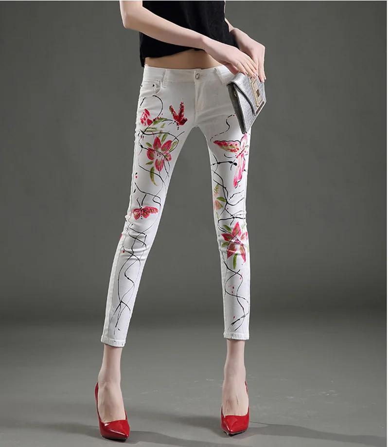 

New Arrival!Low Waist Printed Summer Pants Woman Skinny Jeans Colorful Women Flower Jeans