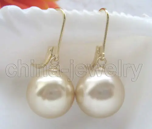 

14mm Champagne perfect round south sea shell pearl earring - 14k gold filled Noble style Natural Fine jewe FREE SHIPPING