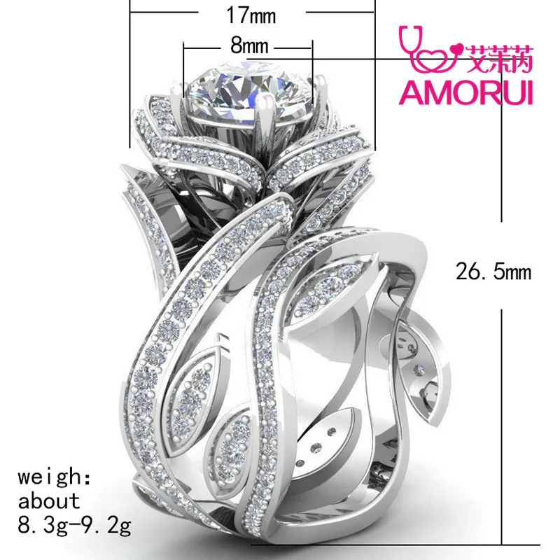 AMORUI New Fashion Silver Color Big Rose Flower Ring For Woman 12 Colors CZ Stone Wedding Rings Jewelry Gifts Dropshipping