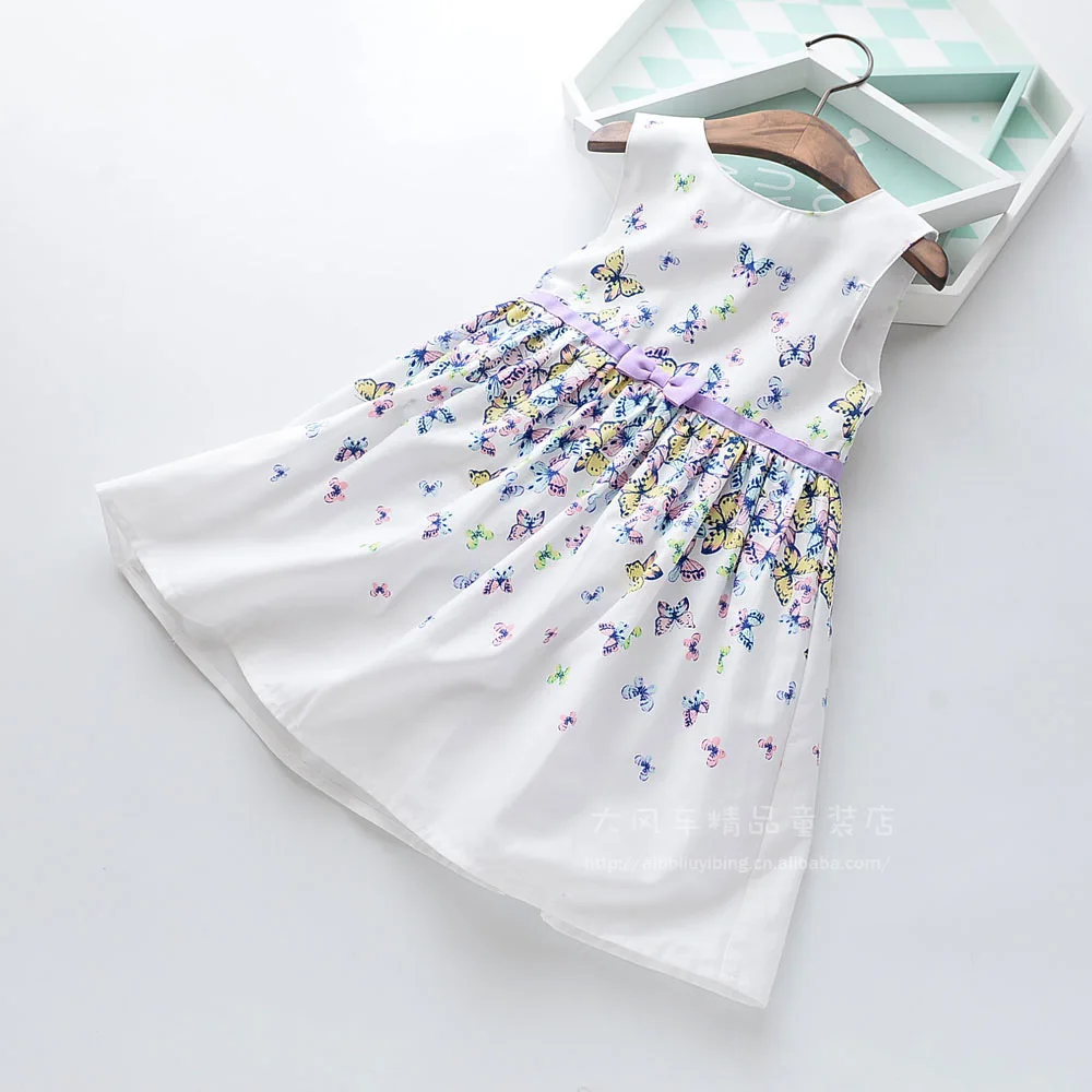 

Roimyal Wholesale free shipping 2019 Summer New Butterfly Printed Cotton dress Girl Round Collar Sleeveless Vest soft dress