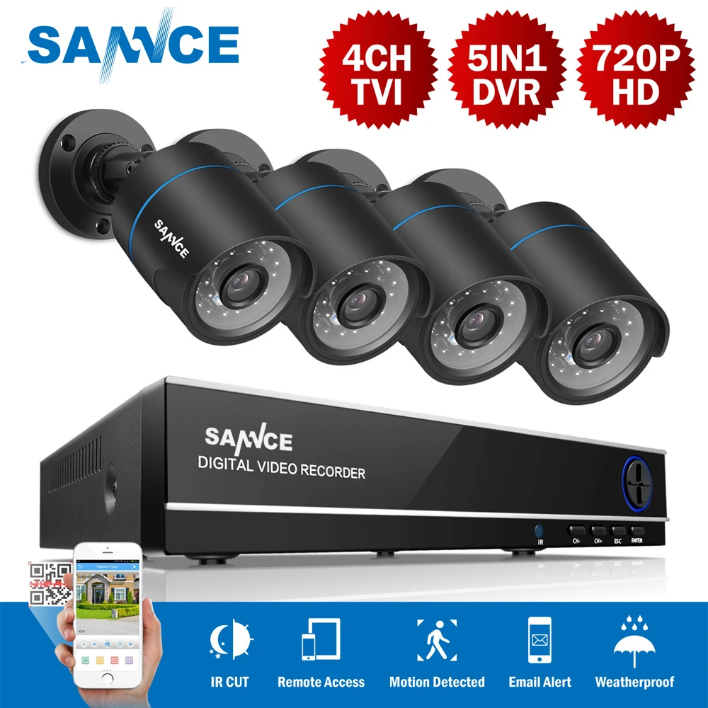 

SANNCE 4CH HD 720P Securiry Video System 5IN1 DVR With 4PCS 1280TVL TVI Smart IR Outdoor Weatherproof Camera Kit Home CCTV Kits