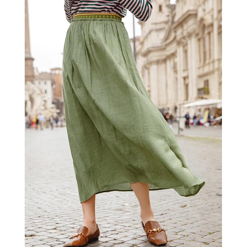 

INMAN 2019 Spring Autumn Bottom Printing Elastic Empire Waist A Line Solid Color Bohemian A Line Skirt