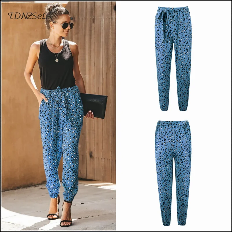 Boho печати летние свободные шнурок брюки Slackes для Для женщин Повседневное Leopard Dot Высокая талия узкие брюки Винтаж уличная - Цвет: Синий