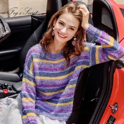 Для женщин свободные свитера пуловеры Тонкий Трикотажный эластичная одежда теплые мягкие Разноцветные полосатые топы для женщин 2019