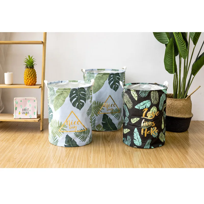 

New Nordic Style Leaves Pattern Round Laundry Basket Dirty Clothes Toys Storage Bucket Folding Waterproof Storage Basket 35x45cm