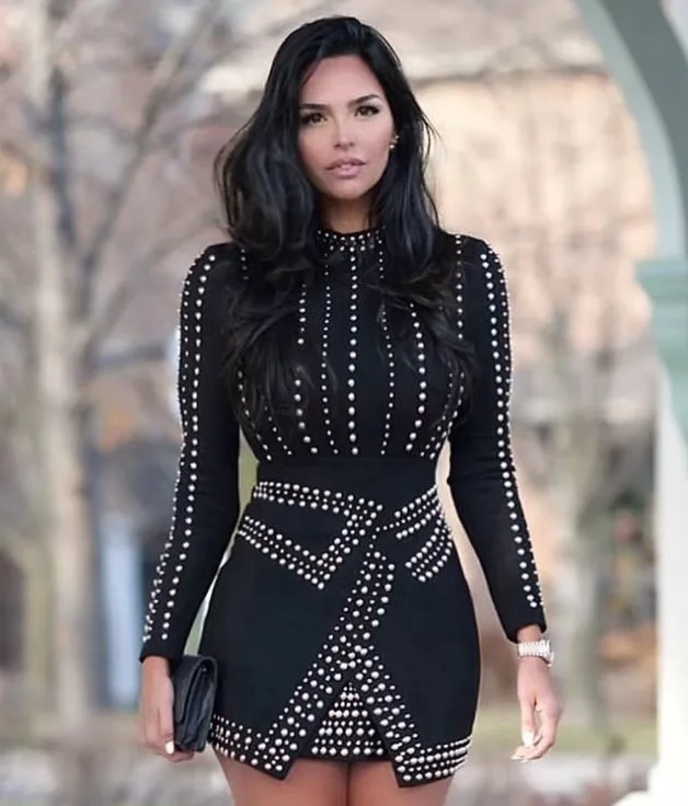 Высококачественное зимнее модное сексуальное длинный рукав с бисером черное Бандажное платье трикотажное элегантное дизайнерское платье