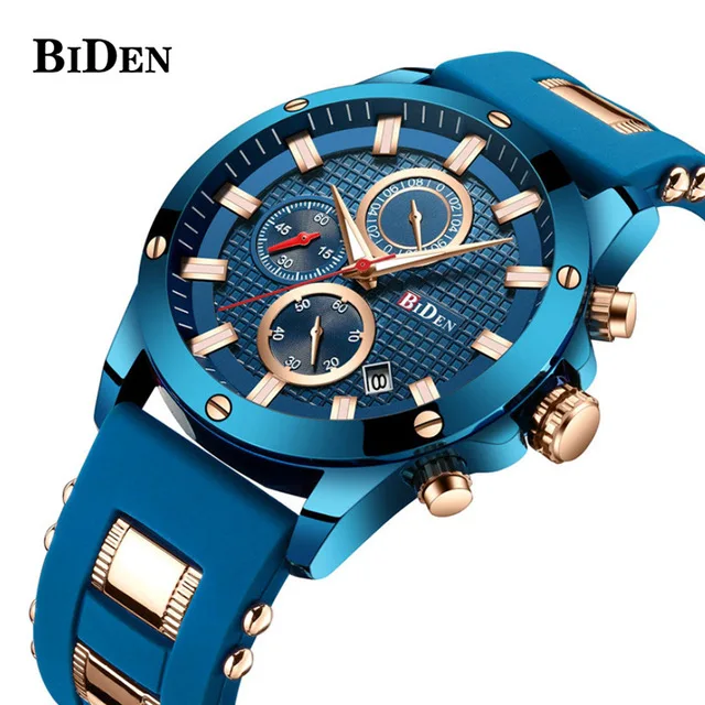 

BIDEN Luxury Blue Golden Sport Men Watch Fashion Stainless Steel Casual Cool Male's Wristwatch 30 Meter Waterproof
