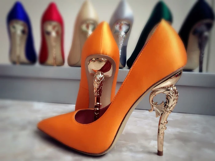 Macytino/элегантные женские туфли-лодочки с острым носком; атласная шелковая обувь на высоком каблуке; пикантные туфли на высоком каблуке с металлическим золотым морским конским каблуком; Femme; свадебные туфли - Цвет: Оранжевый