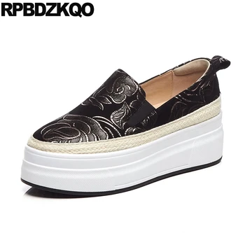 

floral print flower black casual hemp platform ladies beautiful flats shoes women comfortable spring autumn elevator creepers