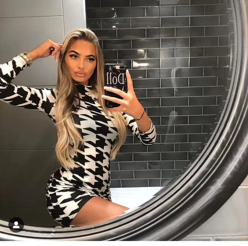 

Jacquard houndstooth winter women's sexy long-sleeved bandage dress 2019 women's designer thick rayon dress