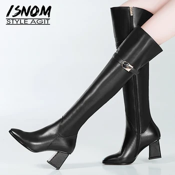

ISNOM Genuine Leather Women Boots Zip Pointed Toe Footwear Thick High Heels Female Boot Over The Knee Shoes Woman 2018 Winter