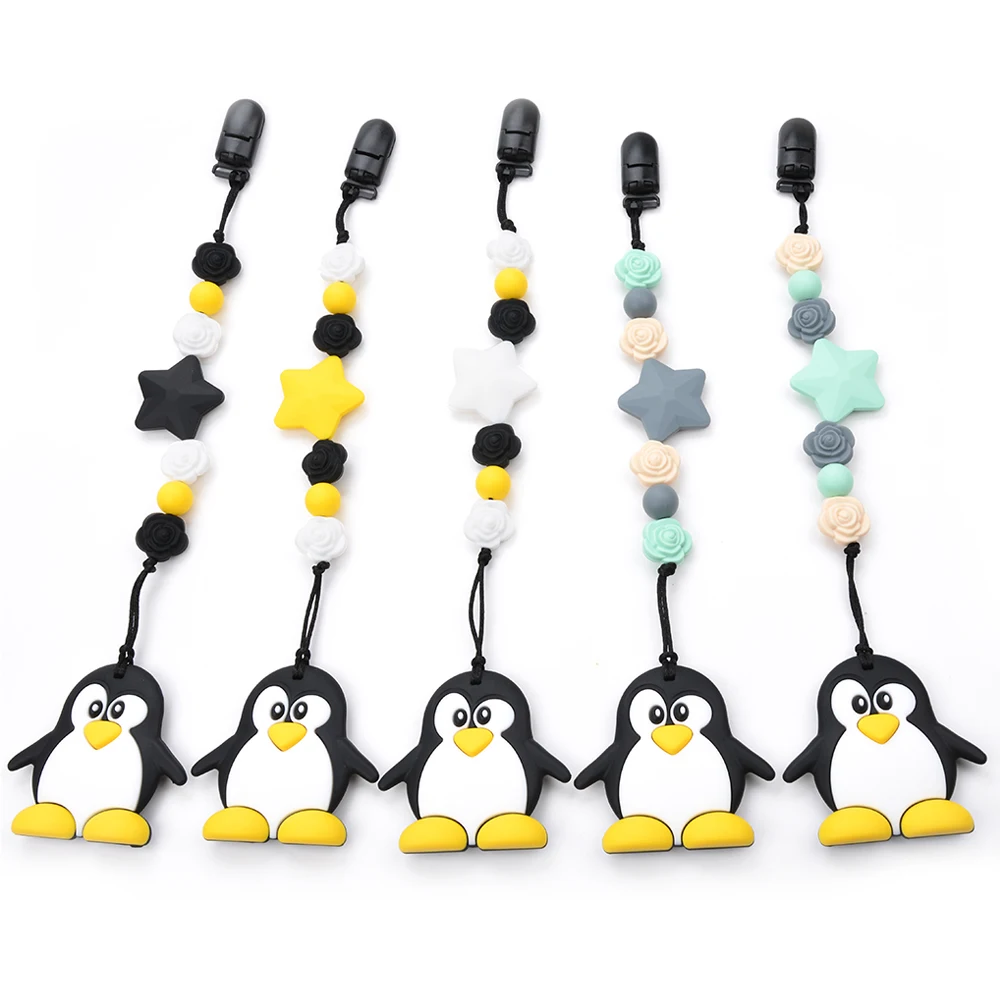 

Silicone Toy Penguin BPA Free Nursing Soft Short Chain Pendant Necklace Flower Beads Carrier Baby Safety Holder Accessory