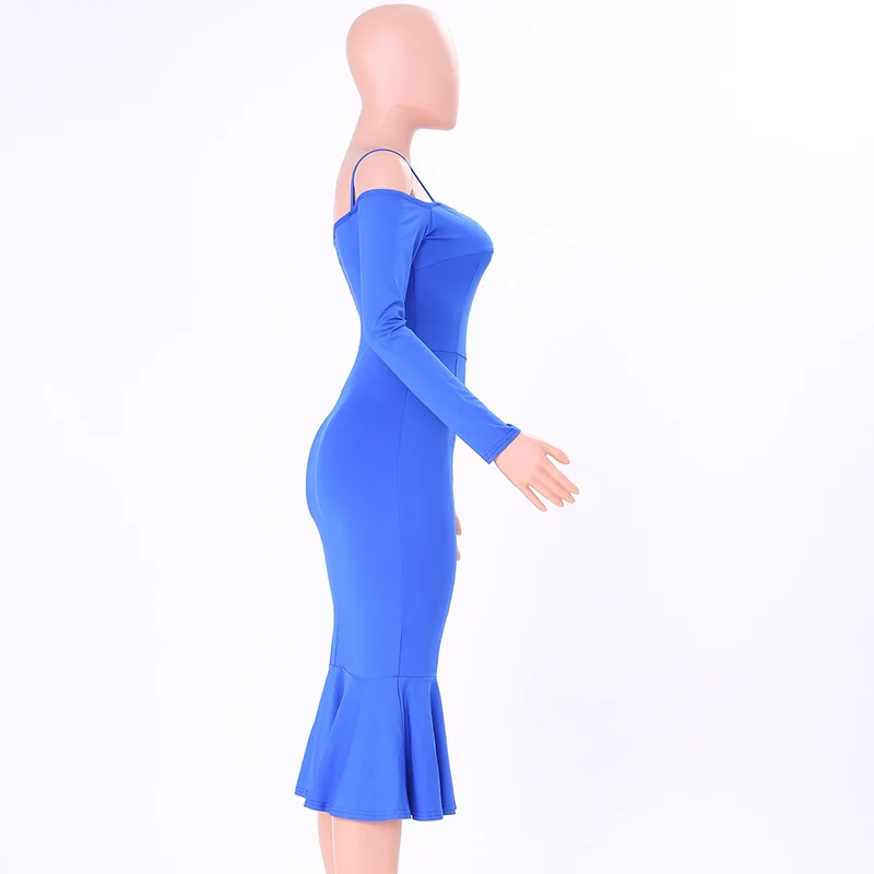 Kostlich Spaghetti Strap Long Sleeve Ruffles Mermaid Party Dresses Slash neck Bodycon Sexy Women Midi Dress 6 Colors Clothing (19)