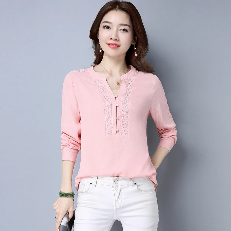 2017 New Autumn Women Shirts Patchwork Full Sleeve Flax