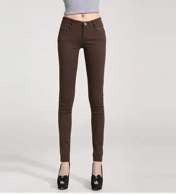 Новые весенние осенние модные женские джинсы карандаш ярких цветов средней талии полной длины на молнии зауженный узкие женские штаны - Цвет: brown