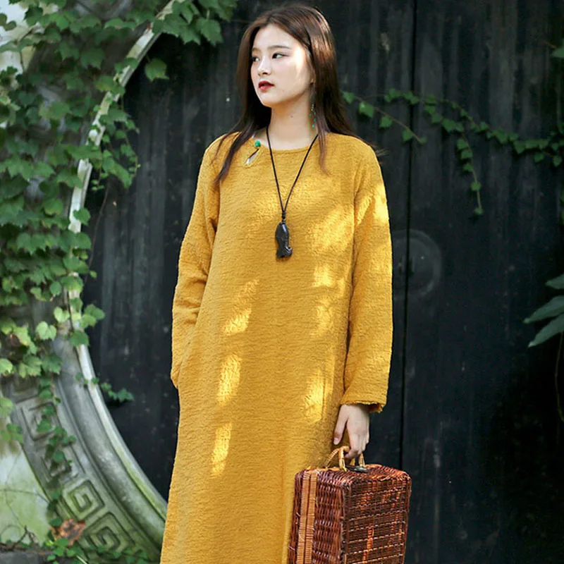 

SCUWLINEN 2019 Spring Autumn Dresses Solid Loose Jacquard Embroidery Contrast Color Plate Button Long Linen Cotton Dress S658