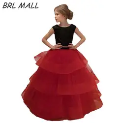 Мода 2018 Двойка для девочек в цветочек платья рюшами Многоуровневое Кружева Аппликации красного цвета для девочек Праздничное платье
