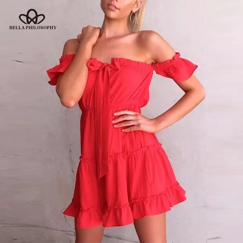

Bella Philosophy 2019 spring women casual solid mini dress high waist loose female dress slash neck lace up above knee dress