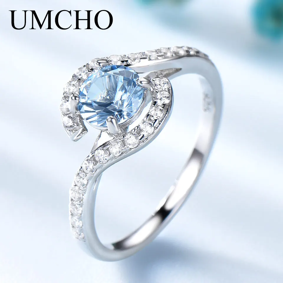 UMCHO создан Небесно голубой топаз Настоящее 925 пробы серебряные кольца для женщин обручение романтический свадебный юбилей подарок хорошее ювелирное изделие