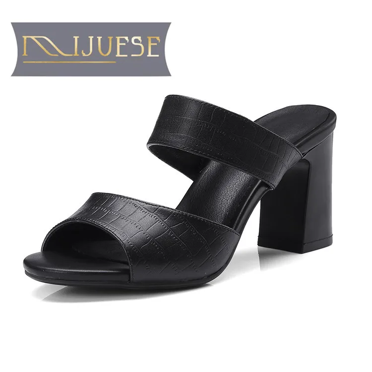 

MLJUESE 2018 women slippers Genuine leather Black color crocodile peep toe high heels sandals women size 34-39
