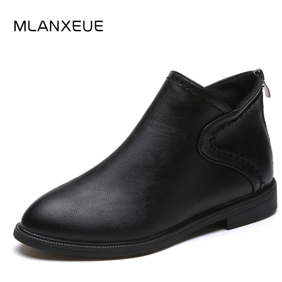 

MLANXEUE Plus Size Leather Women Ankle Boots Women Shoes 2018 Autumn Winter Martin Boots Warm Solid Color Casual Woman Shoes