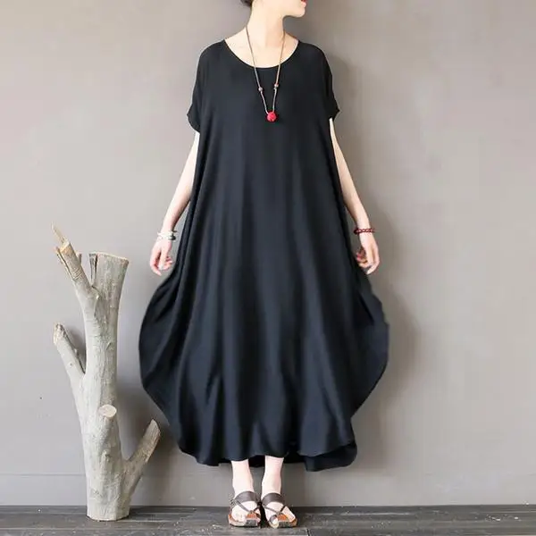 Buykud Women Vintage Solid Party Dress Short Sleeve O neck Long Casual Dress 2019 Black Summer New Fashion Women Dress (2)