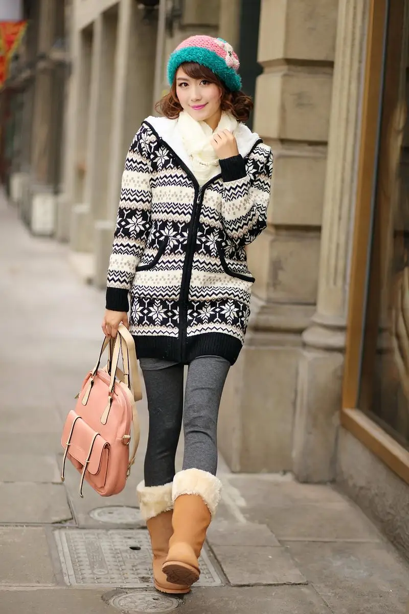 2018 Long red Winter Black Thick Cotton Women Hat Spring Coat Ladies With Fleece Warm blue Sweaters Sweater Knitted Snowflake Cardigan YrFY4w