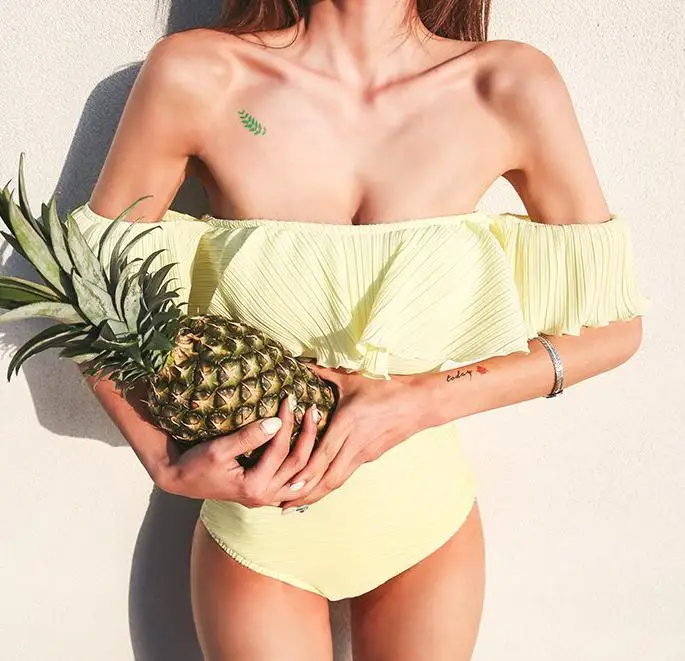 

Verzy 2017 new women solid light yellow off shoulder one pieces swimsuit sexy female tight bodysuit summer beachwear lotus leaf