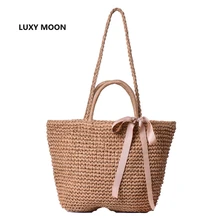 Japanese Summer Ribbon Bowknot Straw Beach Bag Handmade Woven Handbags Causal Shoulder Bags for Women Boho Big Shopping Tote A45