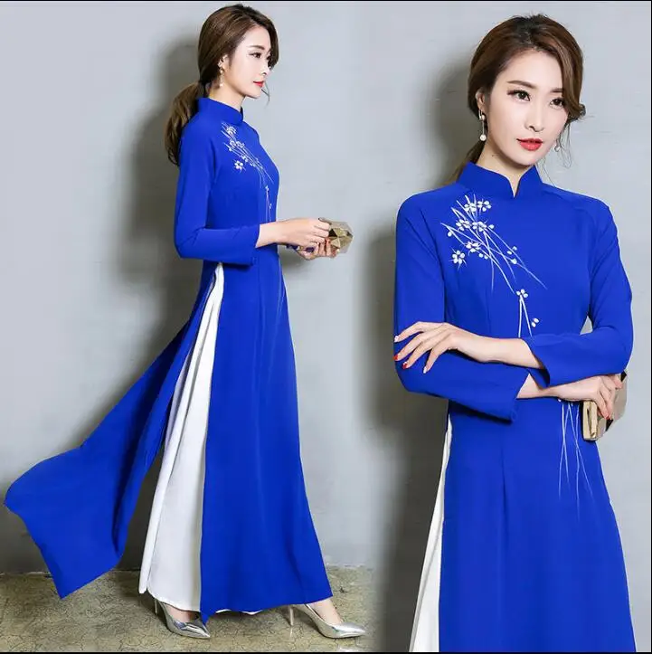 Китайский cheongsam Вьетнам Ао Дай с длинным рукавом синий Ципао улучшение Qi Pao