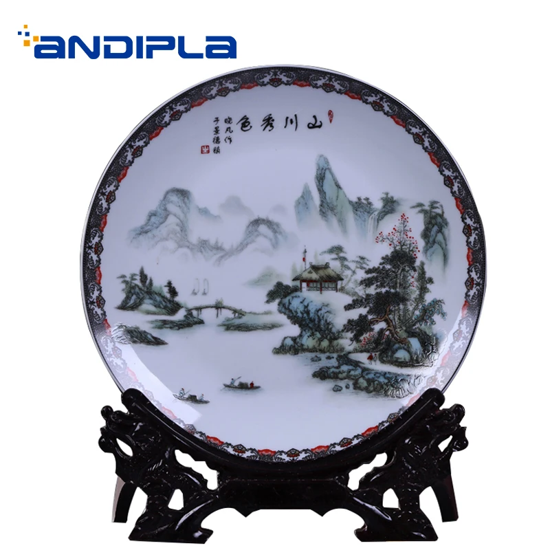 

Creative Decor Plate Ceramic Porcelain Landscape Pattern Antique Souvenir / TV Cabinet Ornaments Handicrafts Sitting Dish Saucer