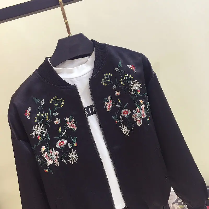 Plus Size 3XL Spring Jacket Women Black Floral Embroidery Bomber Jacket Women Basic Coats Baseball Uniform Womens Jackets C4254