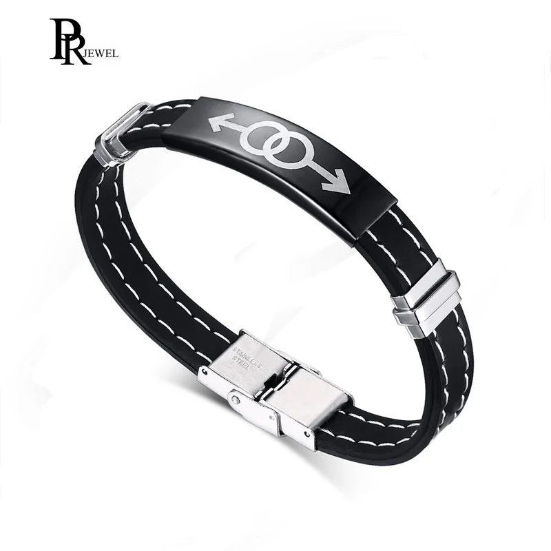 

Drop Shipping Stainless Steel Men's Symbol Bracelet for Gay & Lesbian Pride Black Silicone Cuff bangle