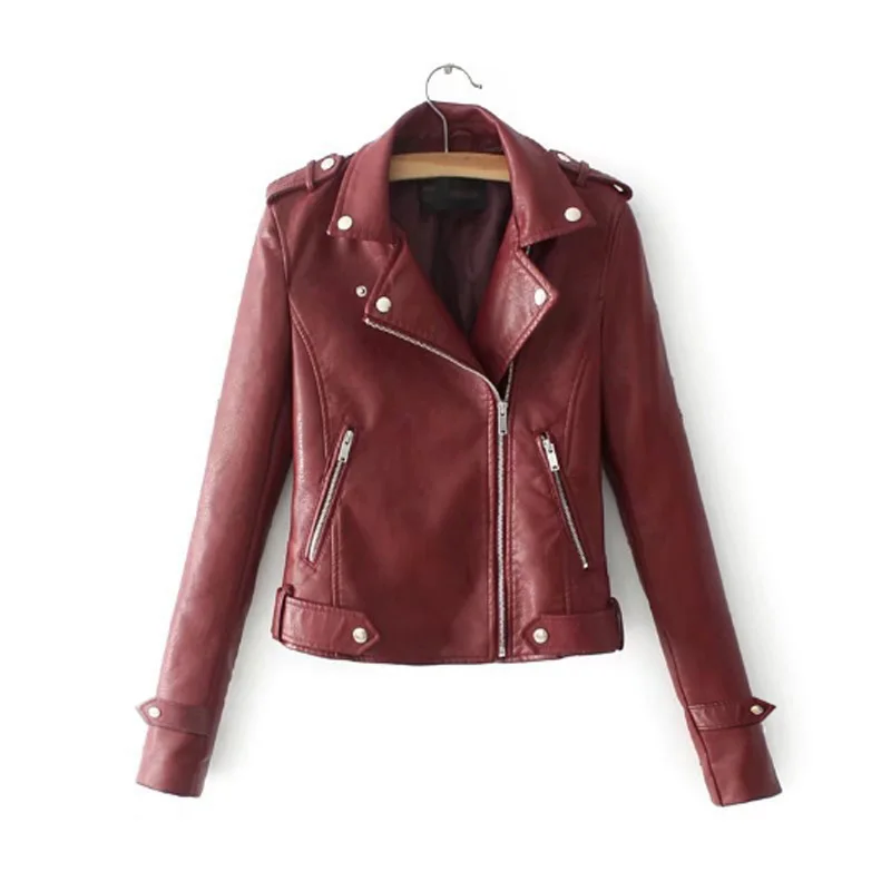 

Autumn And Winter Womens Jacket Polyurethane Leather Lapel Zipper Motorcycle Short Coat
